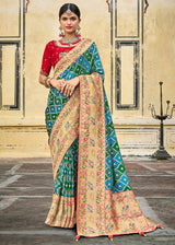 Hippie Blue Green and Red  Patola Printed Dola Silk Saree With Embroidered Blouse