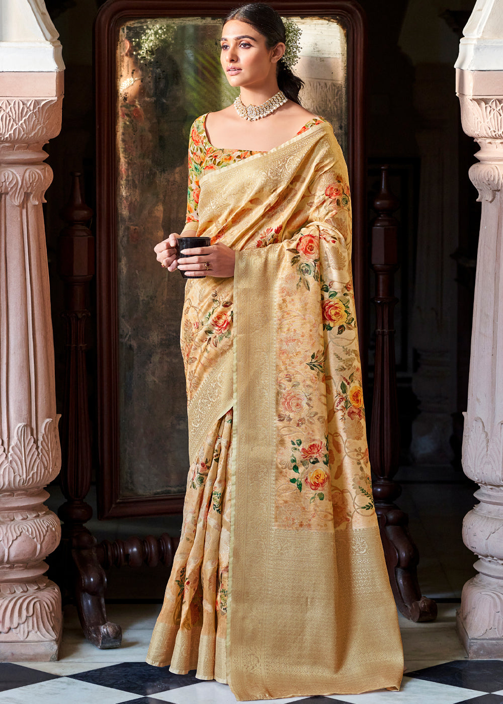 Buy MySilkLove Whiskey Yellow Zari Woven Floral Banarasi Saree Online