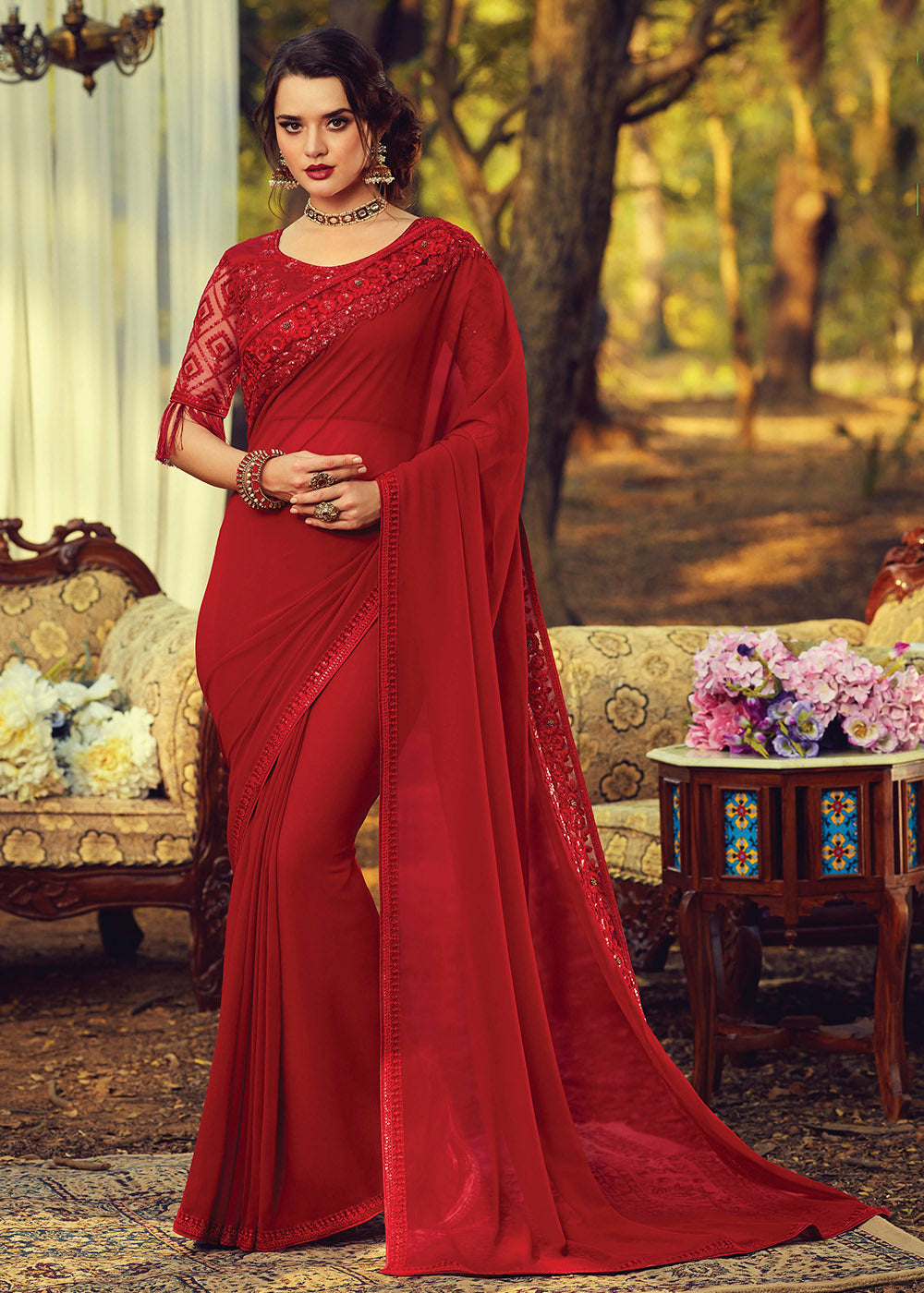 Buy MySilkLove Crail Red Embroidered Georgette Designer Saree Online