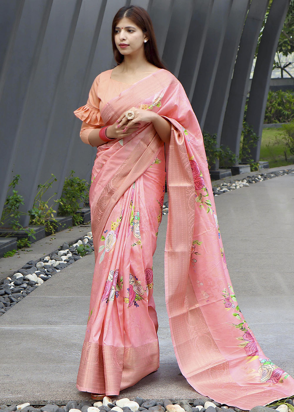 Buy MySilkLove Lilac Peach Floral Printed Soft Silk Saree Online