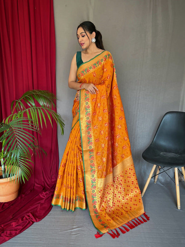 Neon Carrot Yellow Woven Bandhej Patola Silk Saree