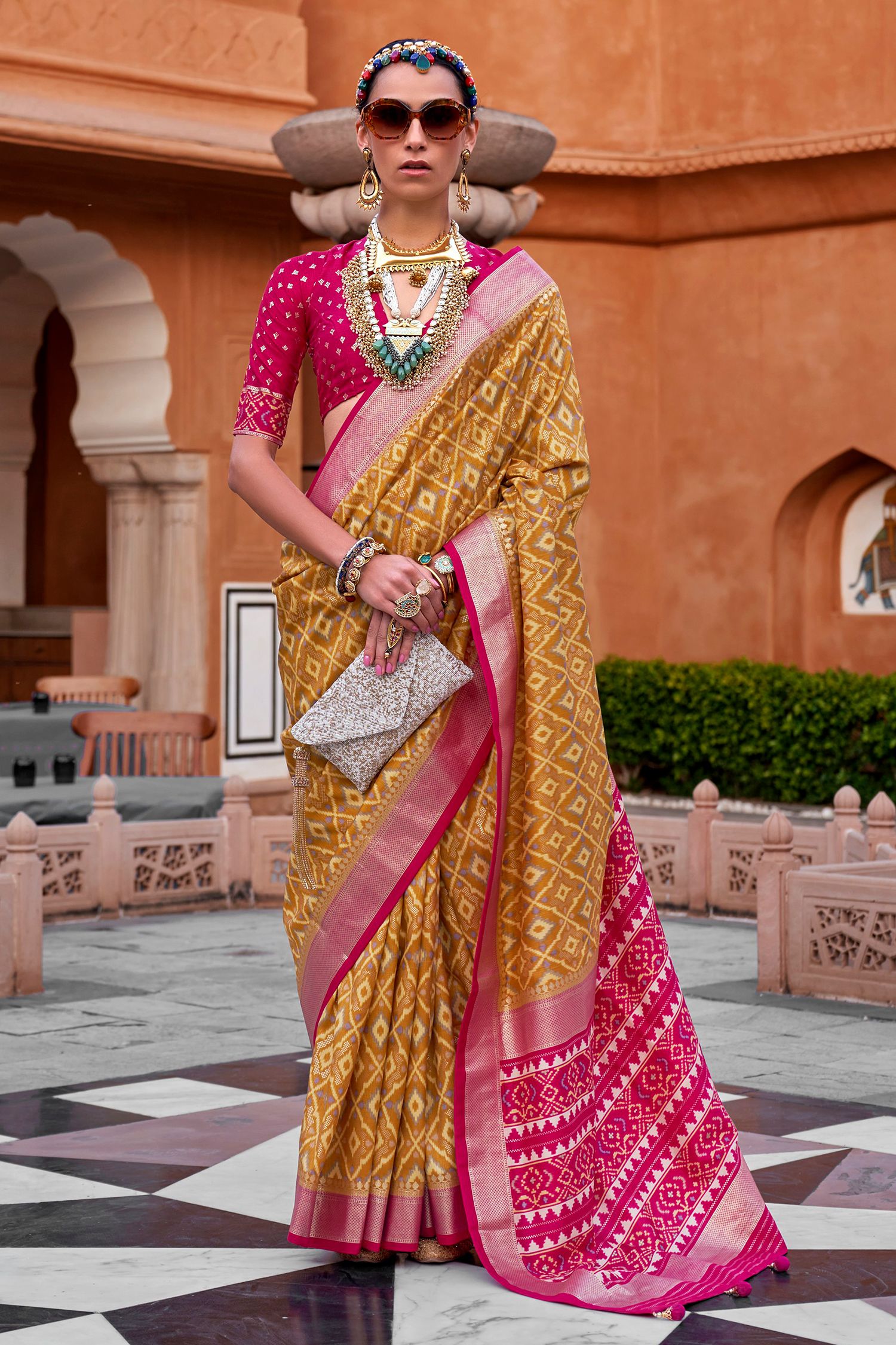 Buy MySilkLove Tussock Yellow Printed Patola Silk Saree Online