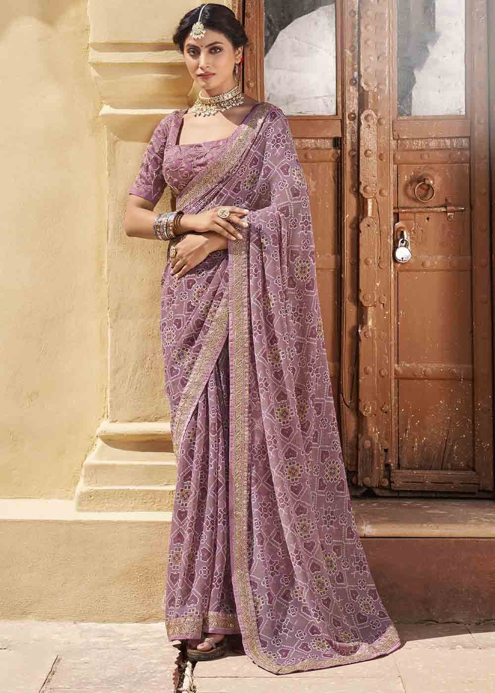 Buy MySilkLove Quicksand Purple Patola Print Georgette Saree With Embroidered Blouse Online