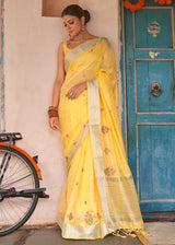 Dandelion Yellow Floral Embroidered Linen Saree