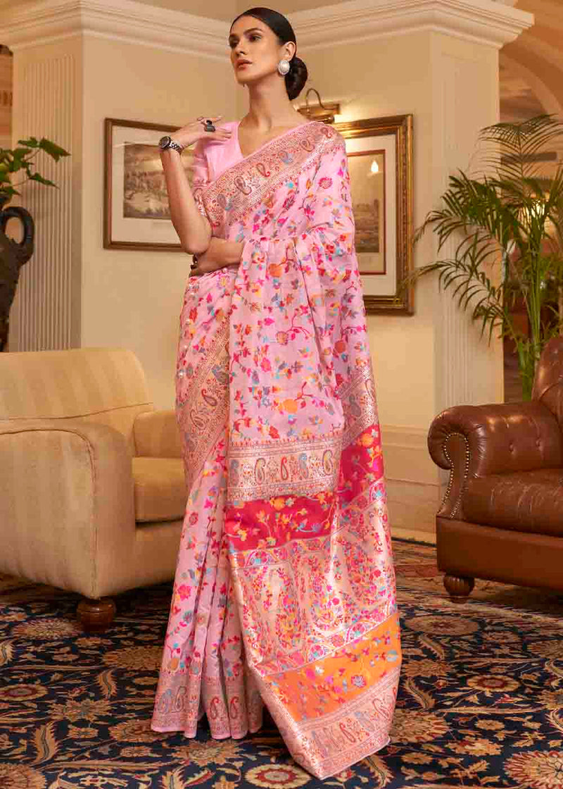 Pale Pink Banarasi Jamawar Woven Silk Saree