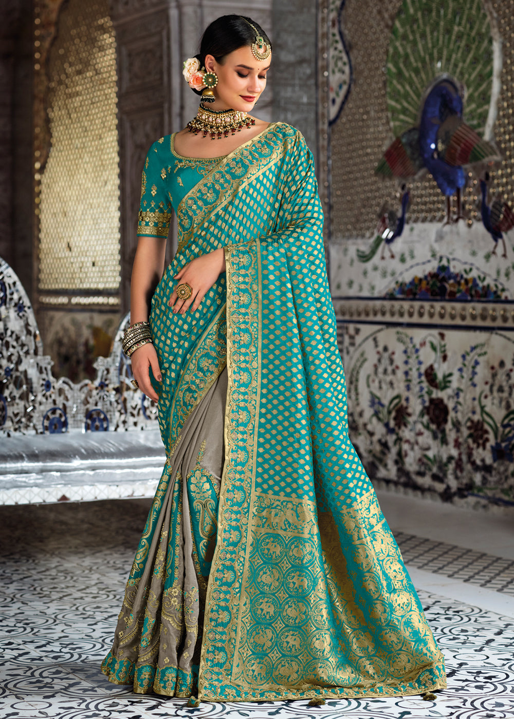 Timber Blue Zari Woven Designer Banarasi Saree
