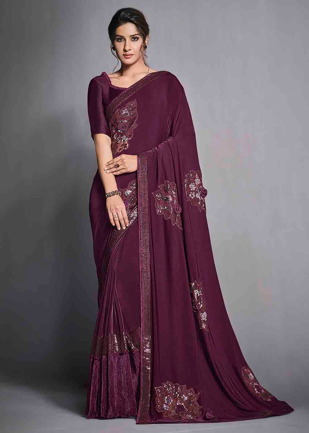 Buy MySilkLove Sugar Plum Purple Designer Lycra Saree with Embroidery Work Online