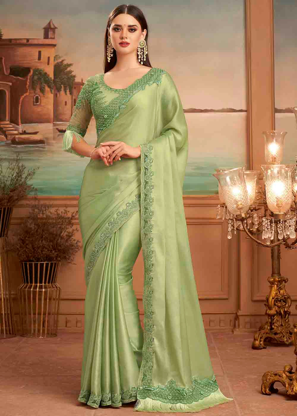 Buy MySilkLove Barley Corn Green Embroidered Satin Silk Designer Saree Online