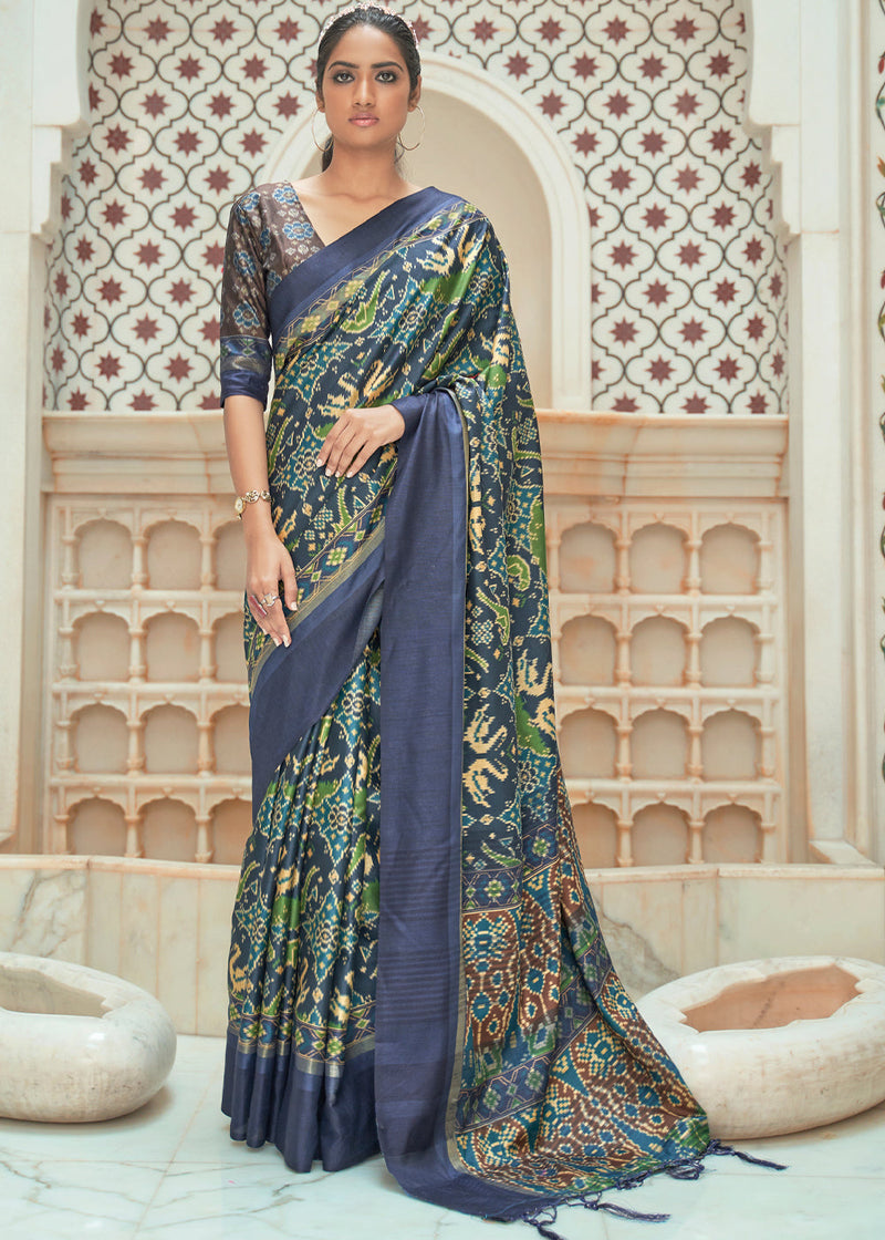 Shuttle Blue Patola Digital Printed Saree