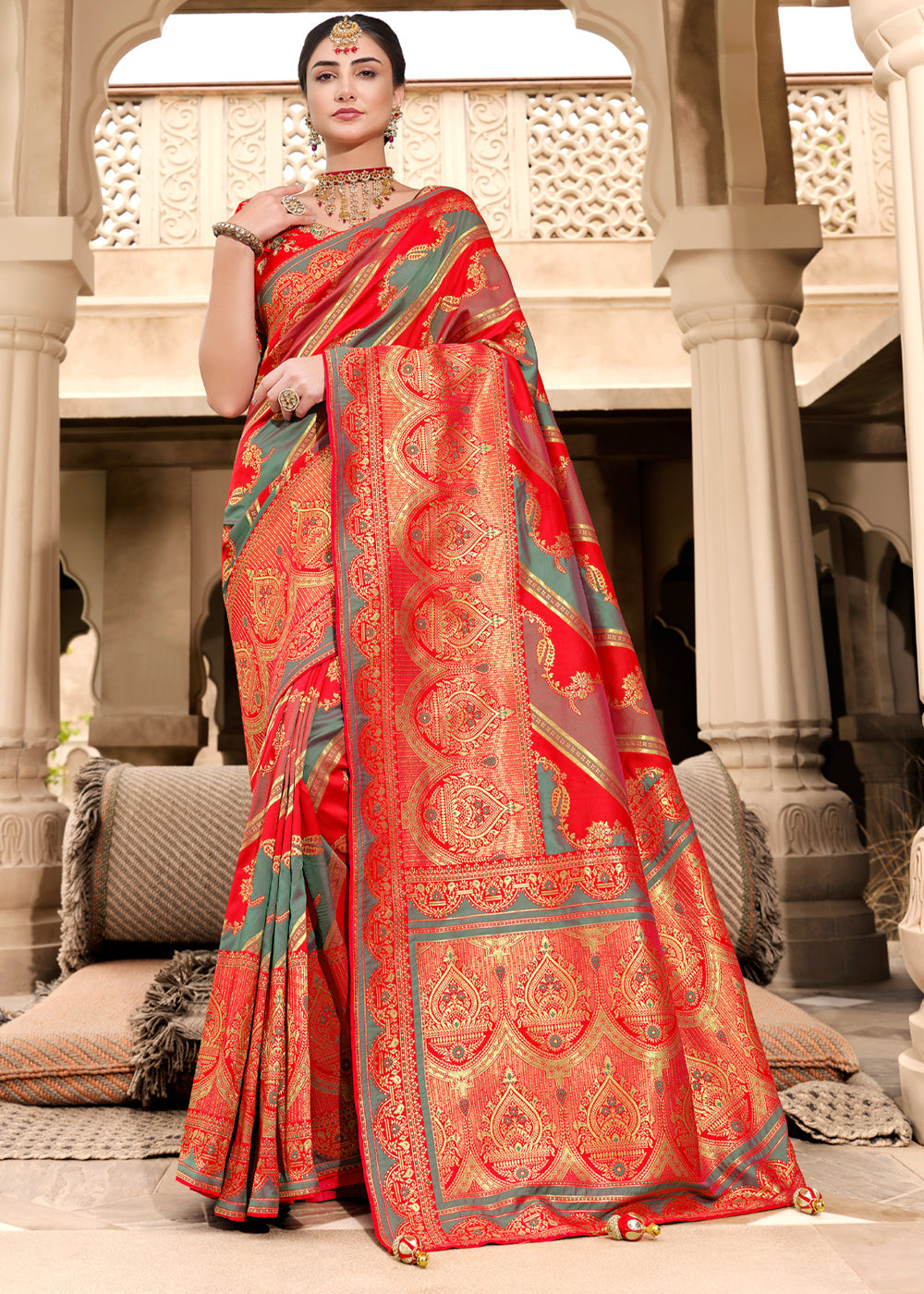 Buy MySilkLove Salmon Red Woven Designer Banarasi Silk Saree Online