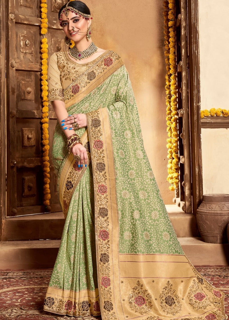 Green Smoke Handloom Woven Designer Banarasi Silk Saree