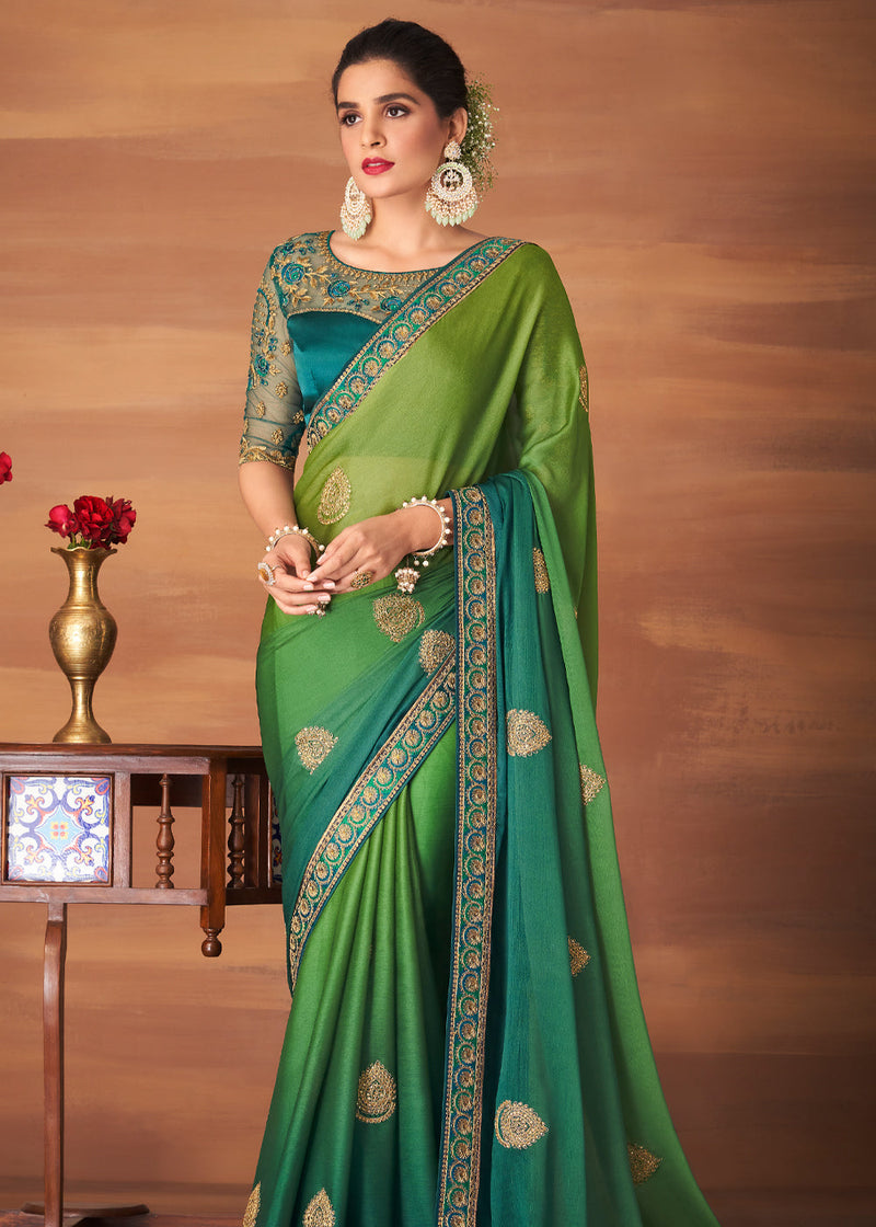 Cucumber Green and Blue Designer Saree with Embroidered Blouse