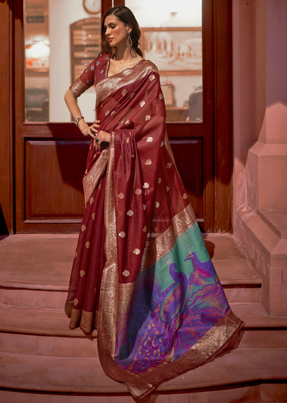 Buy MySilkLove Redwood Brown Zari Woven Banarasi Saree with Peacock Pallu Online