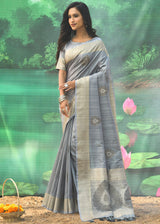 Bombay Grey Banarasi Jacquard Silk Saree