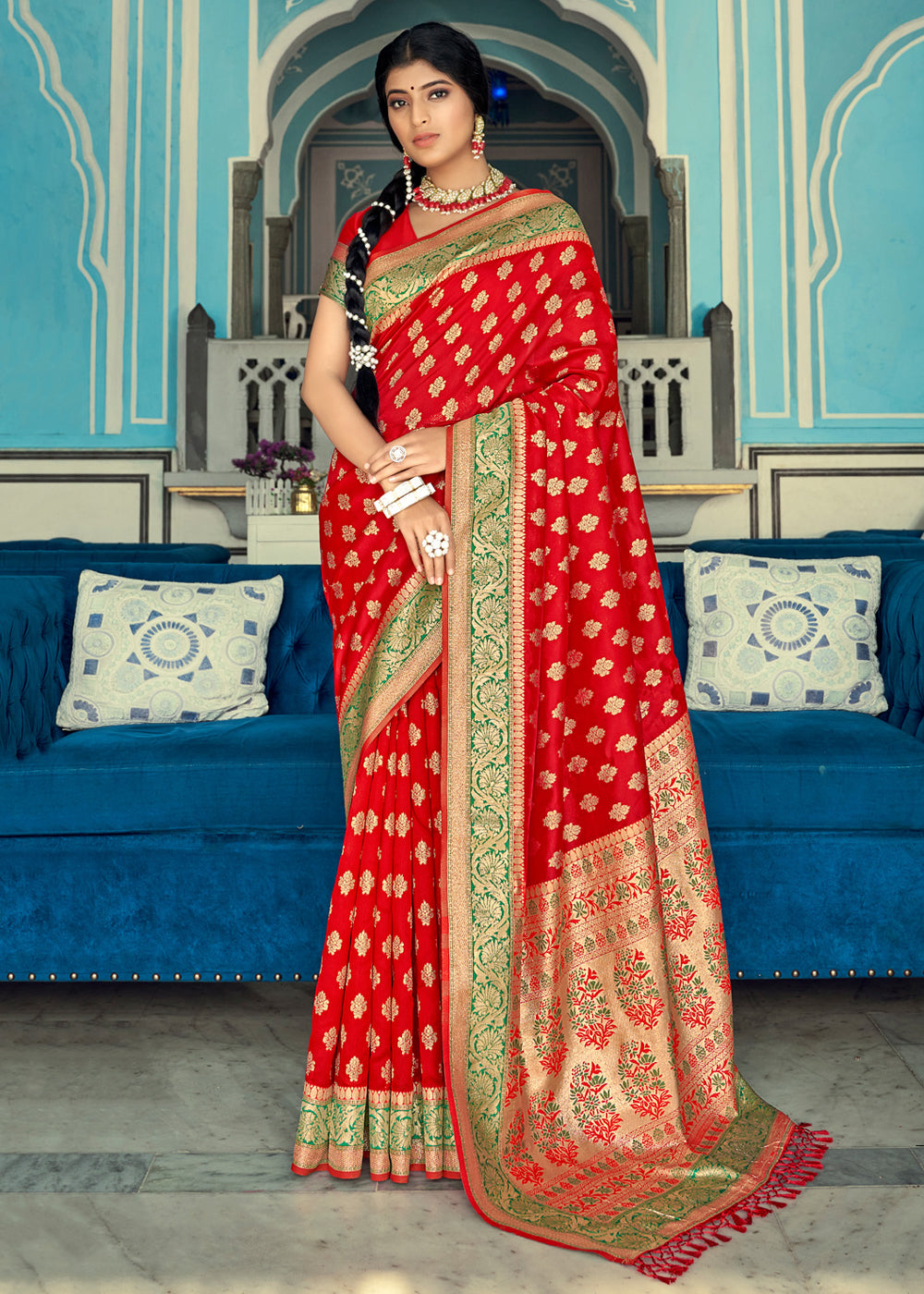 Buy MySilkLove Cinnabar Red and Green Zari Woven Banarasi Saree Online