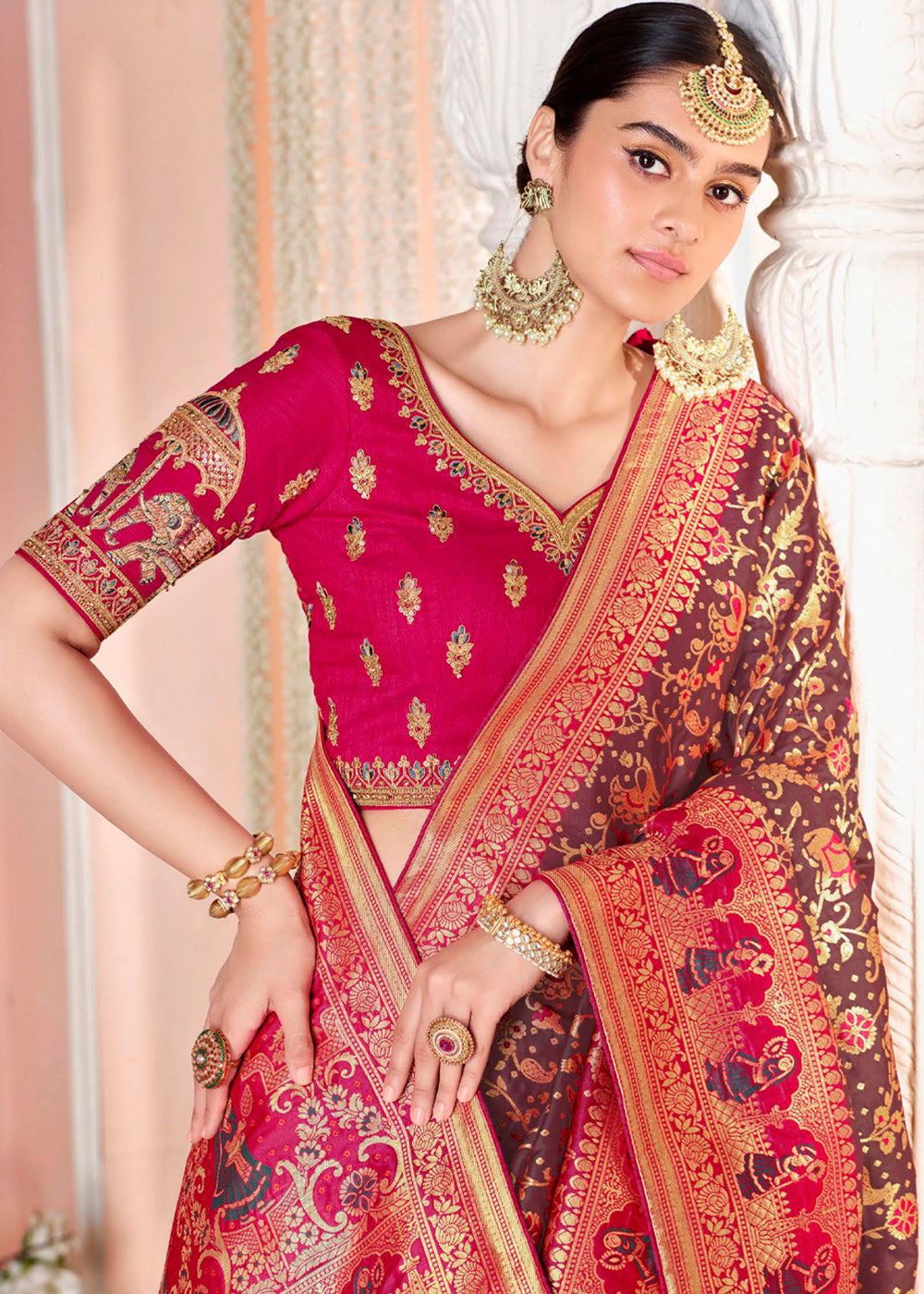 Buy MySilkLove Medium Purple and Pink Zari Woven Banarasi Saree with Designer Blouse Online