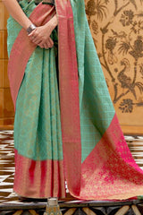 Bay Leaf Green and Pink Zari Woven Kanjivaram Saree