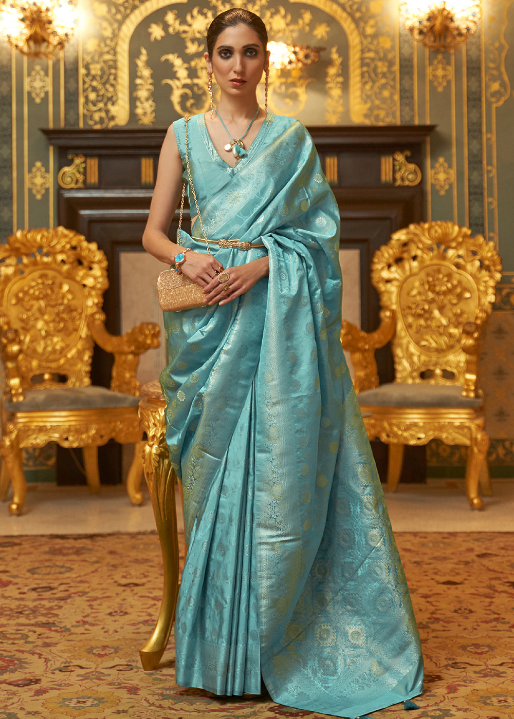 Buy MySilkLove Gulf Stream Blue Zari Woven Banarasi Brocade Saree Online