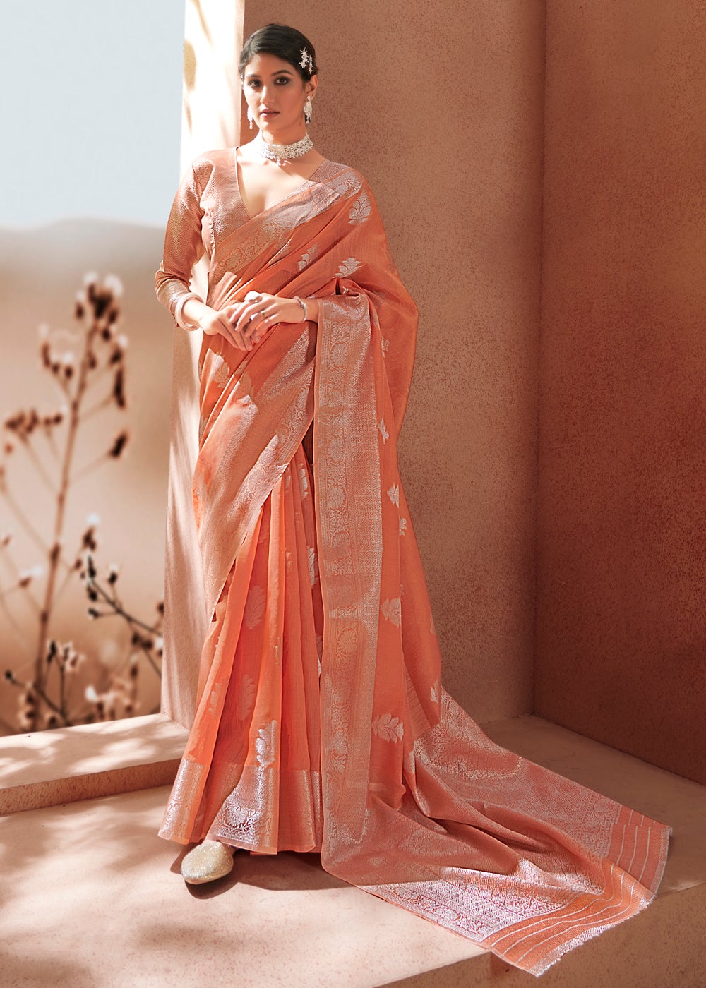Buy MySilkLove Japonica Peach Zari Woven Banarasi Linen Saree Online