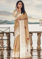 Twine Cream Zari Woven Soft Linen Silk Saree