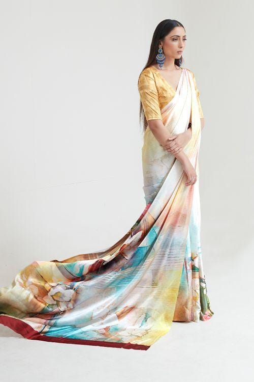 Buy MySilkLove Haze White and Yellow Printed Saree Online