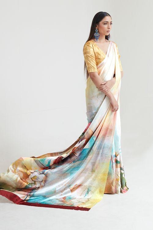 Haze White and Yellow Printed Saree
