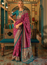 Shimmer Pink and Blue Woven Patola Silk Saree