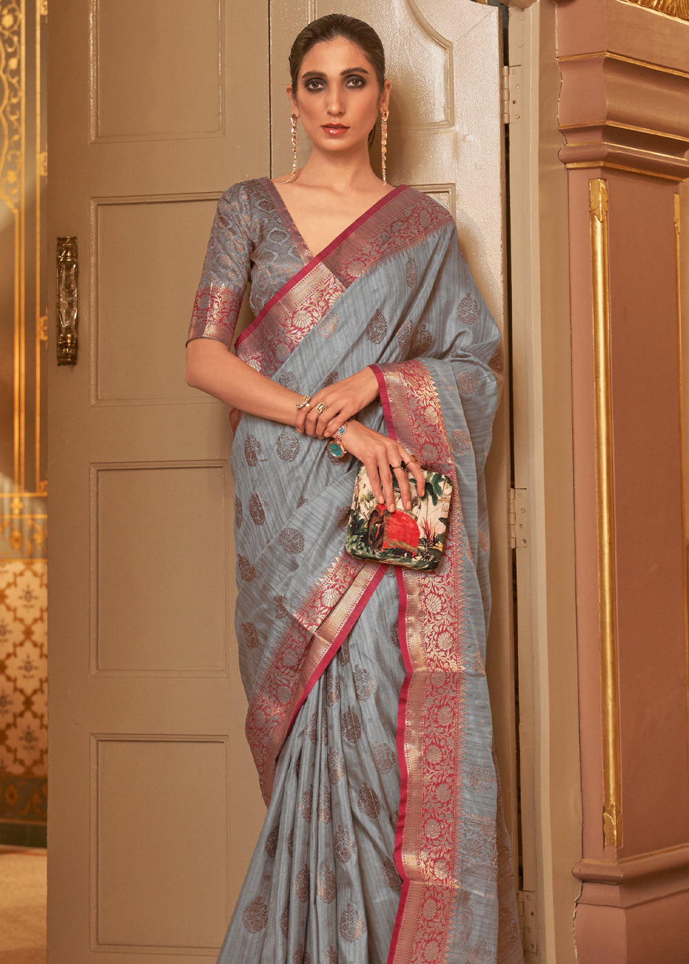 Buy MySilkLove Star Dust Grey Zari Woven Banarasi Linen Saree Online