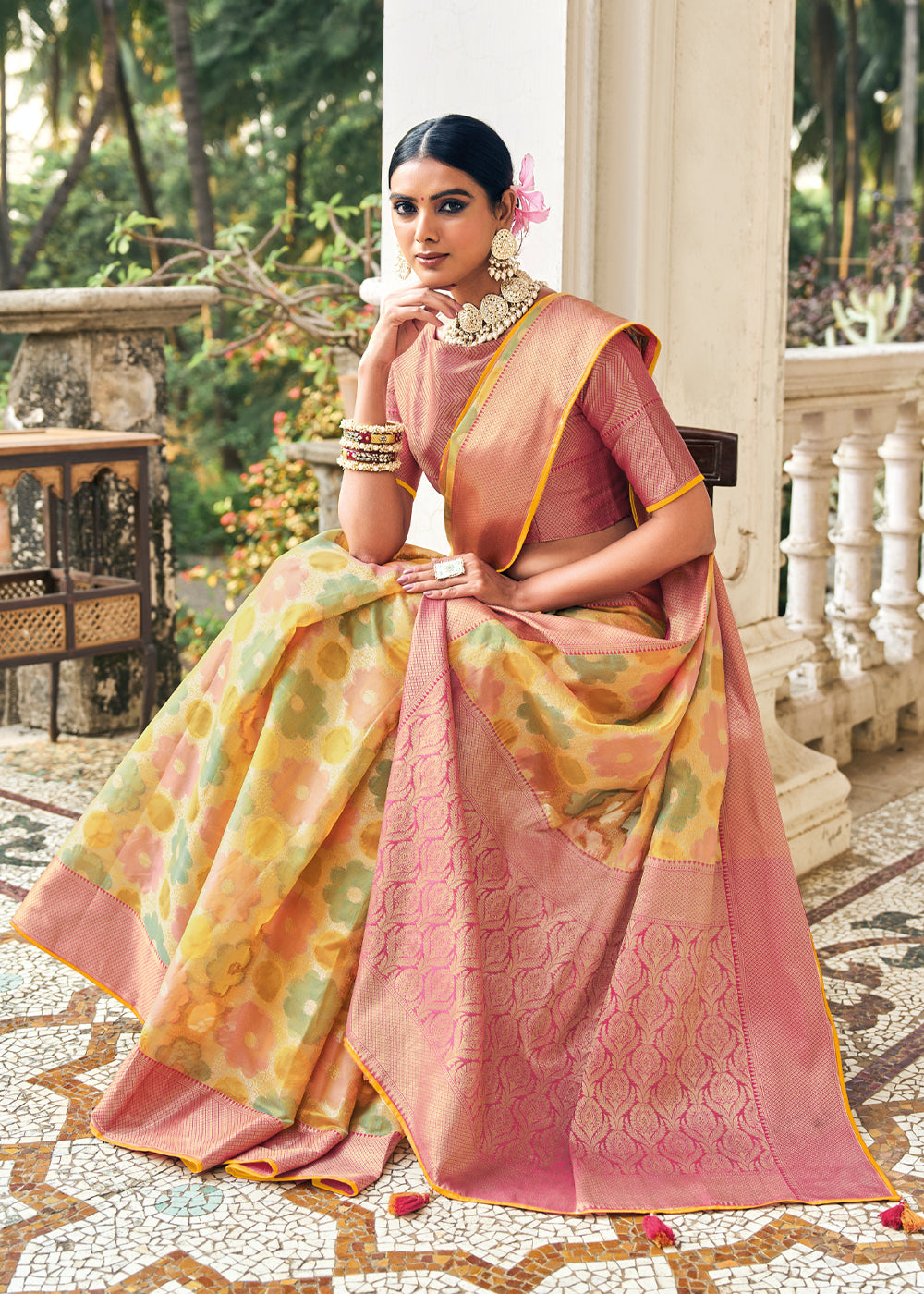 MySilkLove Wild Rice Yellow and Pink Woven Organza Banarasi Silk Saree