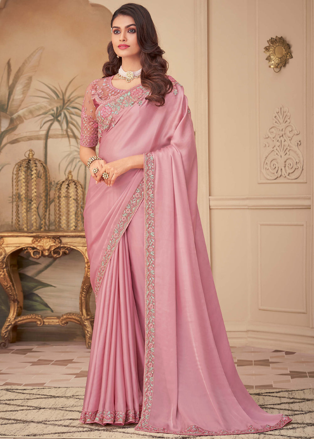 Buy MySilkLove Mandys Pink Georgette Designer Saree with Embroidered Blouse Online
