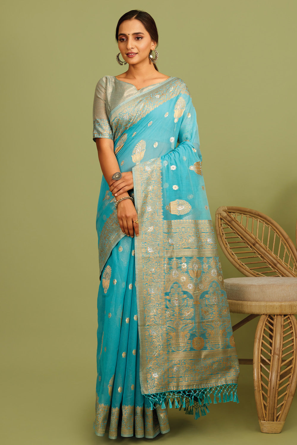 Buy MySilkLove Water Blue Zari Woven Linen Saree Online