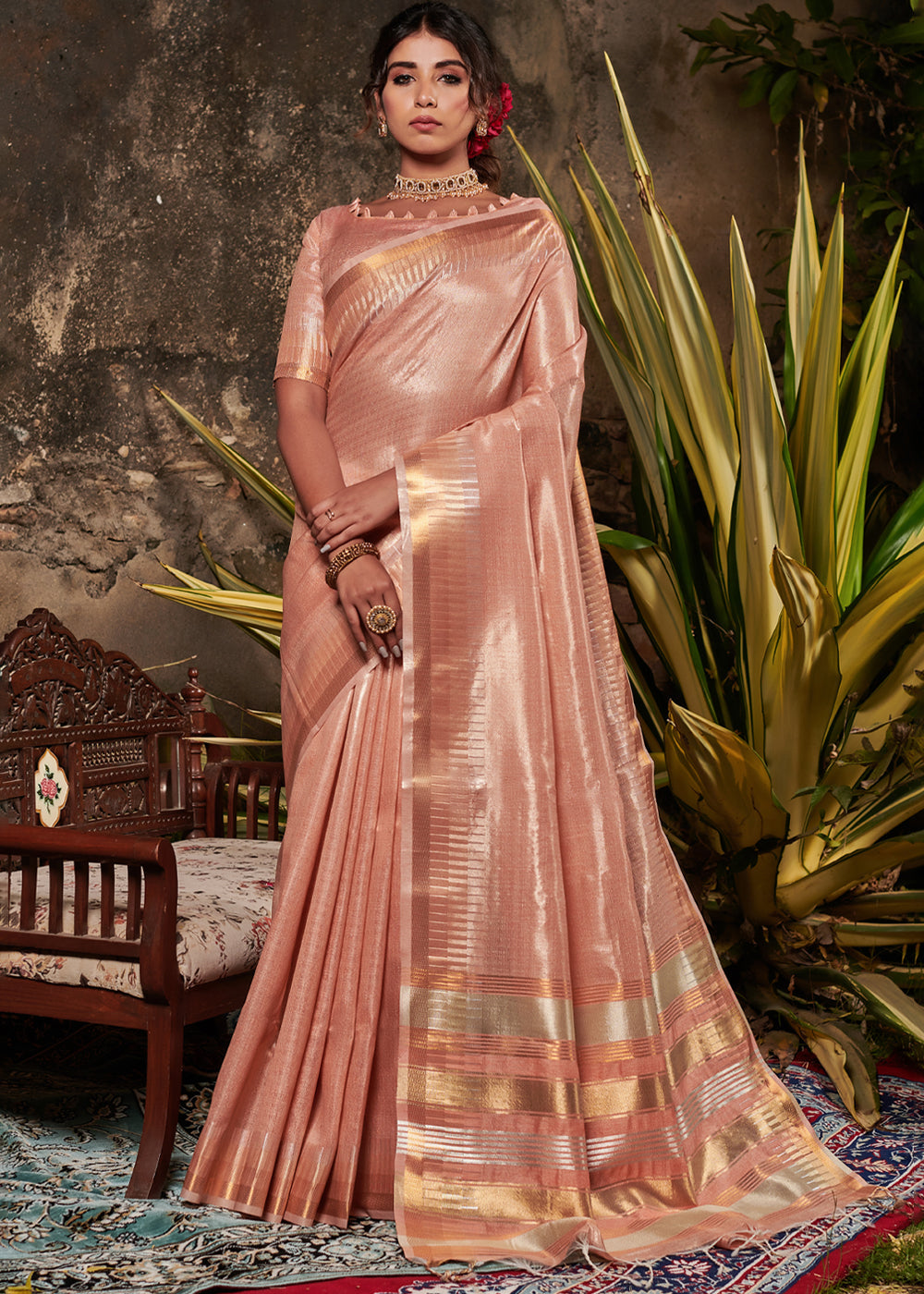 Buy MySilkLove Corvette Peach Woven Tussar Silk Saree Online