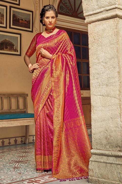 Brick Pink Zari Woven Tanchui Kanjivaram Fusion Silk Saree