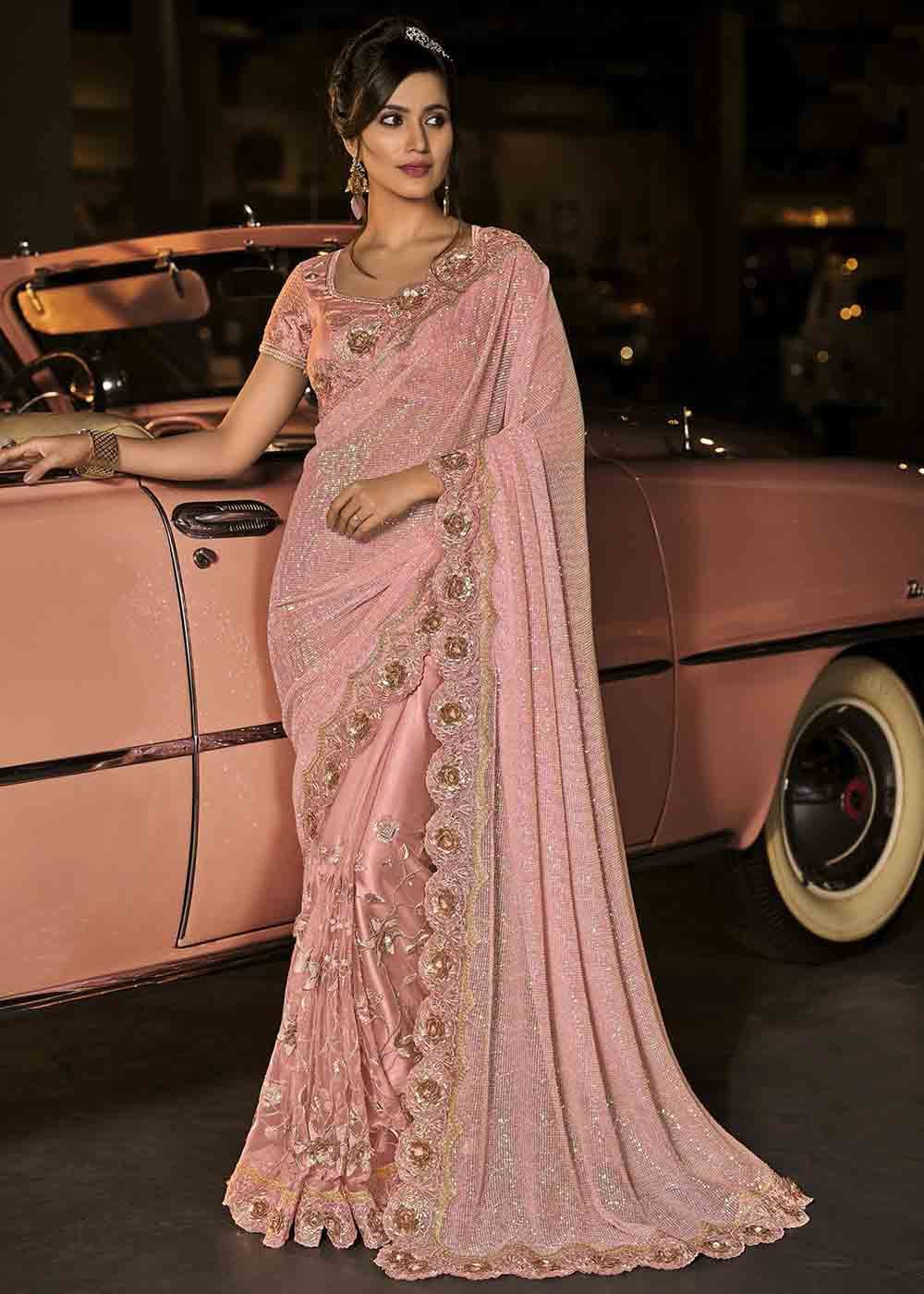 Buy MySilkLove Shilo Light Pink Heavy Work Designer Net Saree Online