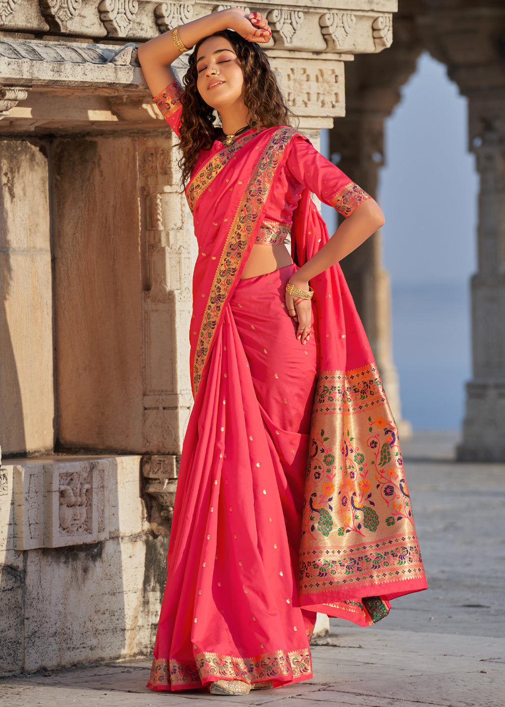 Buy MySilkLove Sweet Tulip Pink Zari Woven Paithani Saree Online