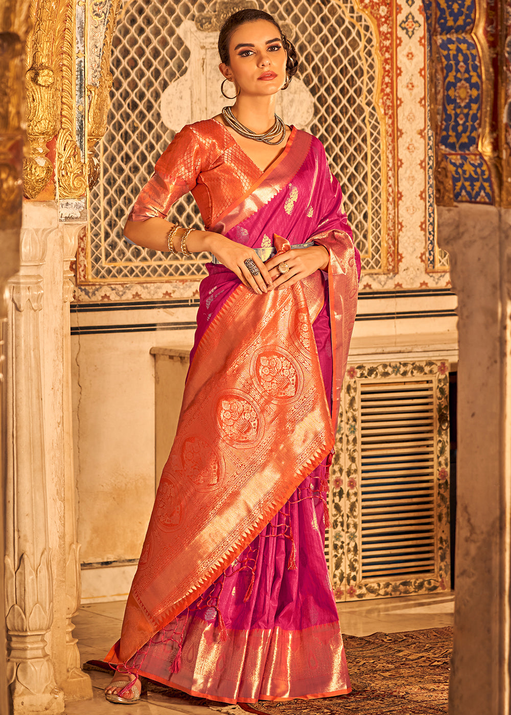 MySilkLove Cherry Pink Banarasi Tussar Woven Silk Saree