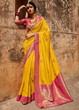 Fuel Yellow and Pink Zari Woven Designer Banarasi Saree