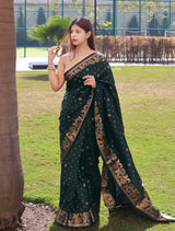 Bush Green Soft Silk Saree with Floral Woven Border and Pallu