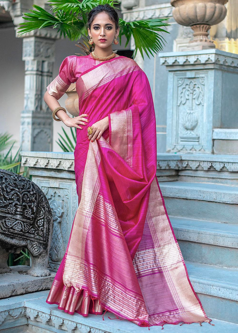 Cerise Pink Zari Woven Tussar Silk Saree