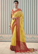 Turmeric Yellow and Red Zari Woven Linen Saree