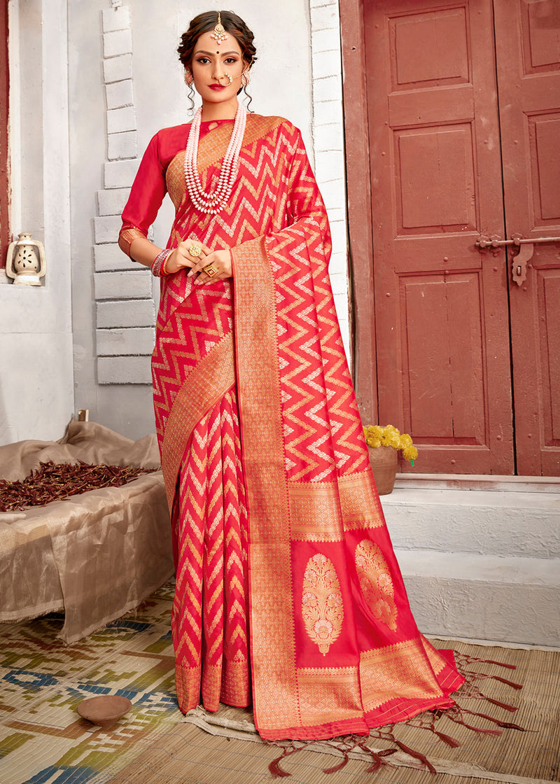 Salmon Red Zari Woven Banarasi Brocade Silk Saree