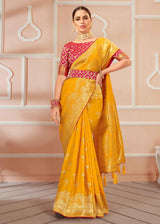 Golden Pink Yellow Zari Woven Banarasi Silk Saree
