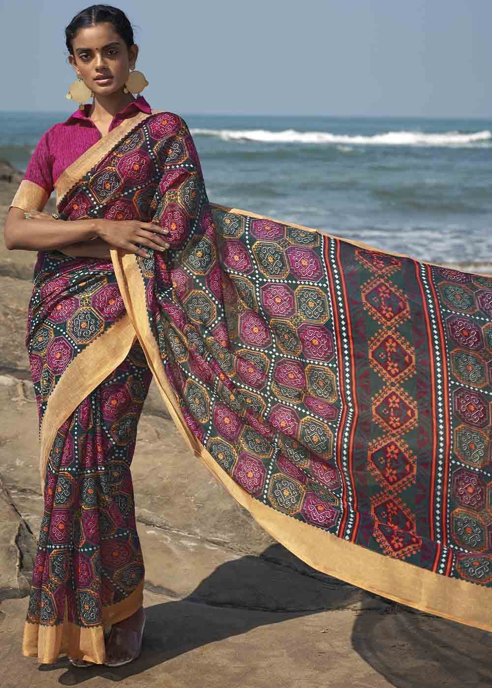 Buy MySilkLove Soya Green and Pink Printed Cotton Saree Online