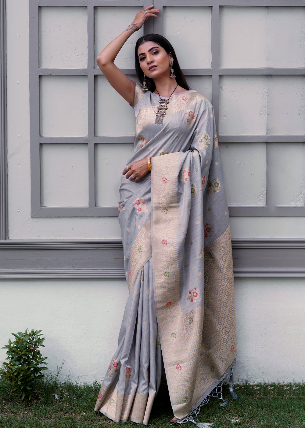 Buy MySilkLove Mountain Mist Grey Banarasi Saree Online