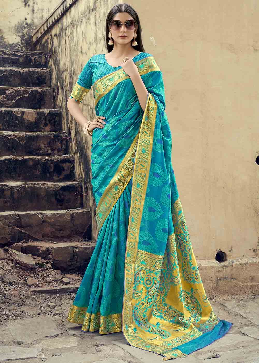 Buy MySilkLove Malachite Blue Zari Woven Banarasi Silk Saree Online