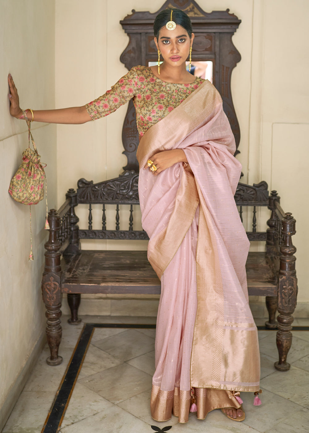 Buy MySilkLove Blossom Pink Tissue Silk Saree with Designer Blouse Online