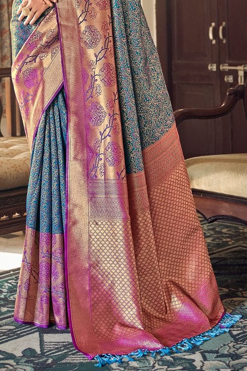 Stone Blue and Purple Zari Woven Banarasi Saree
