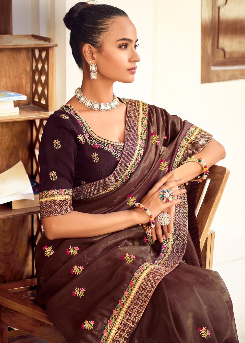 Buy MySilkLove Roman Coffee Brown Woven Banarasi Georgette Silk Saree Online