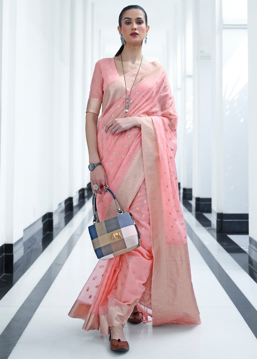 Buy MySilkLove Petite Pink Zari Woven Banarasi Kora Silk Saree Online