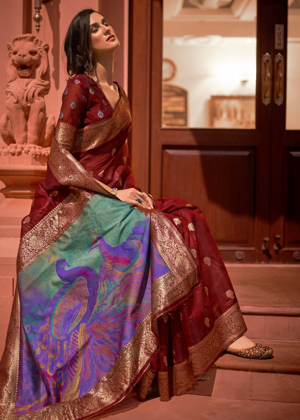 Buy MySilkLove Redwood Brown Zari Woven Banarasi Saree with Peacock Pallu Online